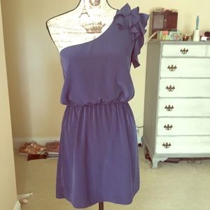 Navy Satiny One Shoulder Flounce Bloused Dress EUC